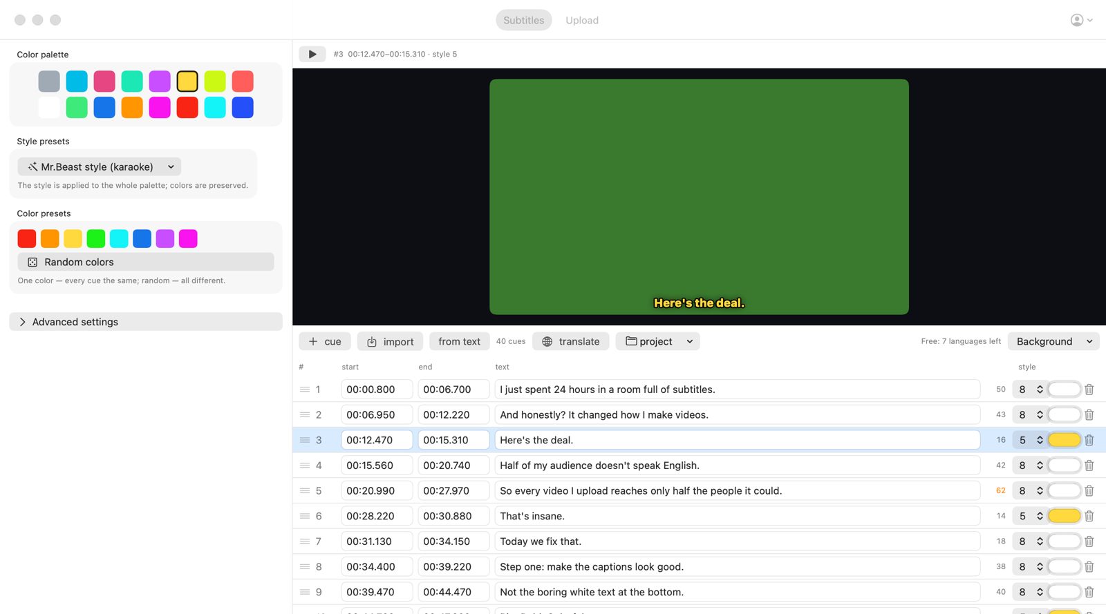 The Rainbow Captions editor with the “Mr.Beast style (karaoke)” preset selected and a yellow outlined caption in the preview